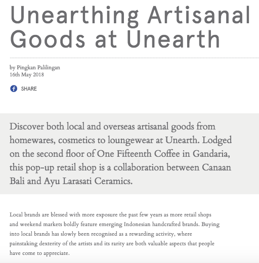 Manual Jakarta “Unearthing Artisanal Goods at Unearth” 2018.https://manual.co.id/article/unearth-by-canaan-ayu-larasat-one-fifteenthi/